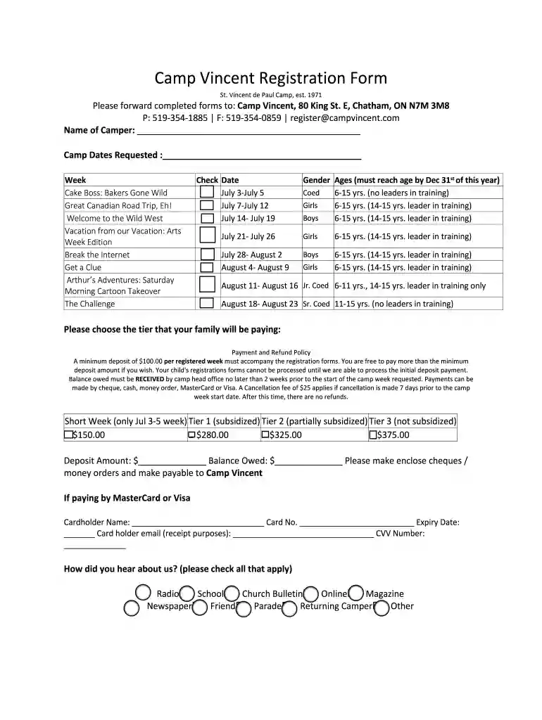 Camp Vincent Registration Form docx Preview on Page 1