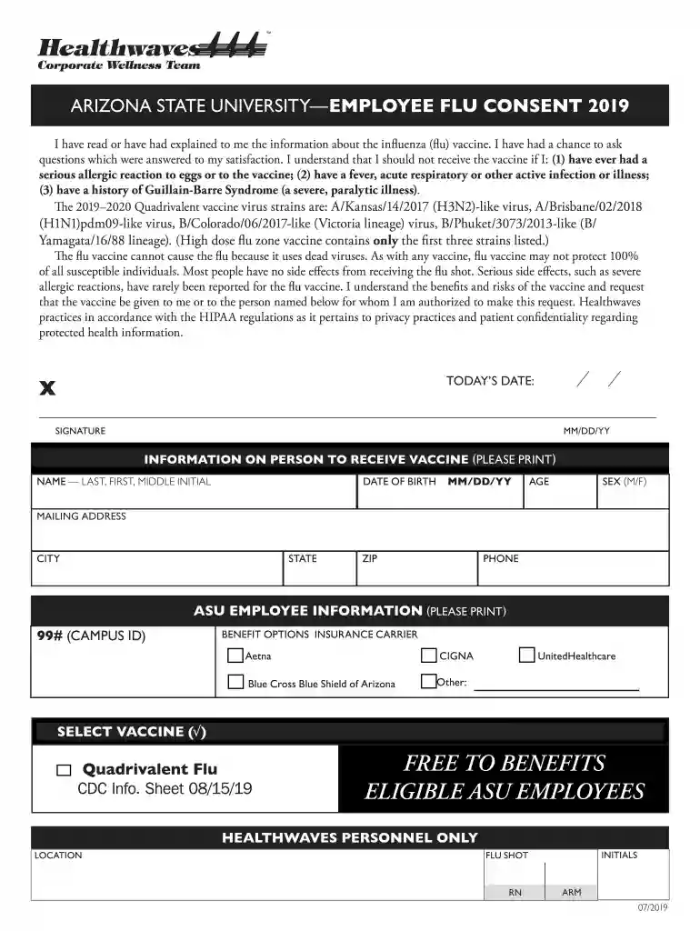 ARIZONA STATE UNIVERSITYEMPLOYEE FLU CONSENT 2019 Preview on Page 1