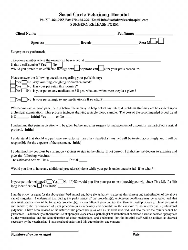 Anesthesia Surgery Consent Form - Vet in AustinStar of Preview on Page 1