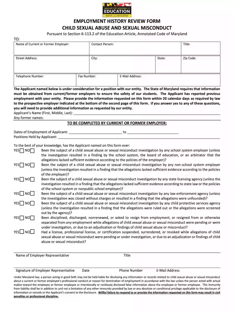 msde employment history review form Preview on Page 1