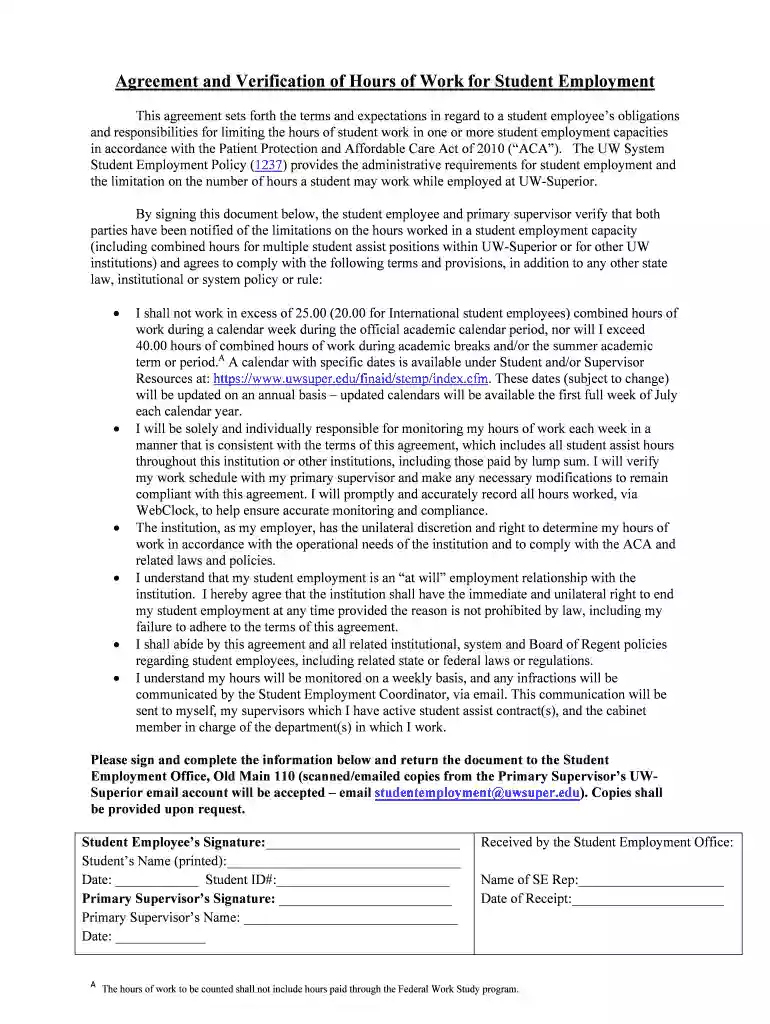 Agreement and Verification of Hours of Work for Student Preview on Page 1