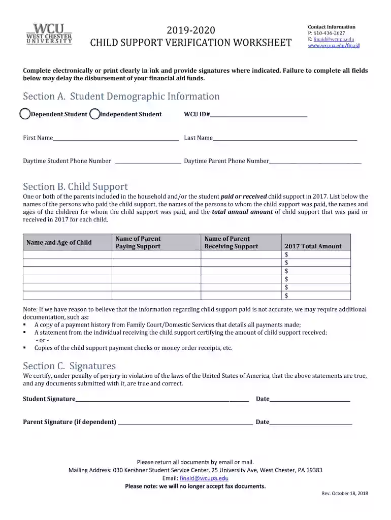 2019-2020 CHILD SUPPORT VERIFICATION WORKSHEET Preview on Page 1