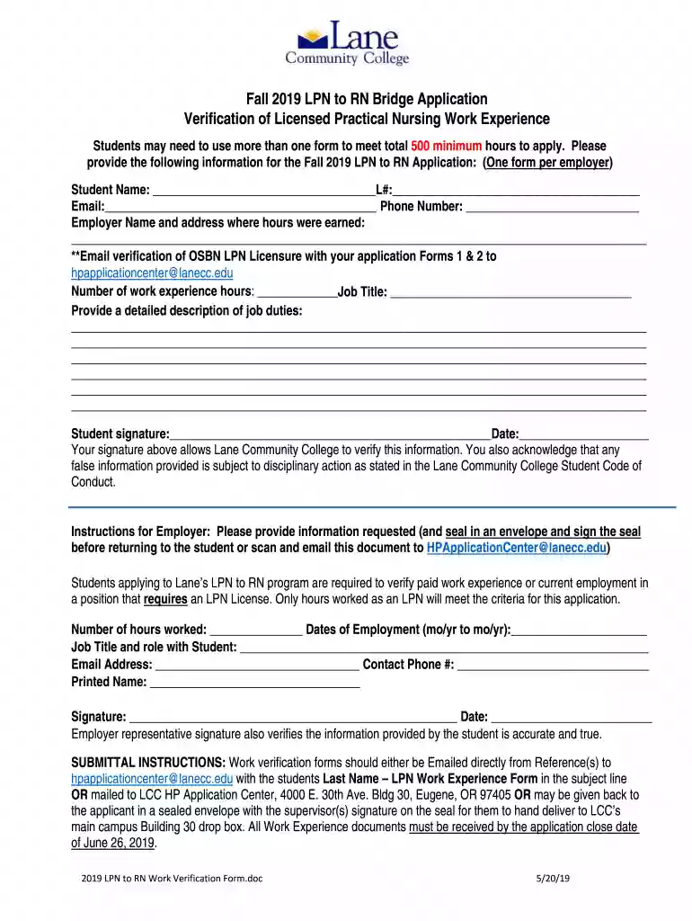 LPN to RN Bridage Verification of Licensed Practical Nursing Work Experience Preview on Page 1