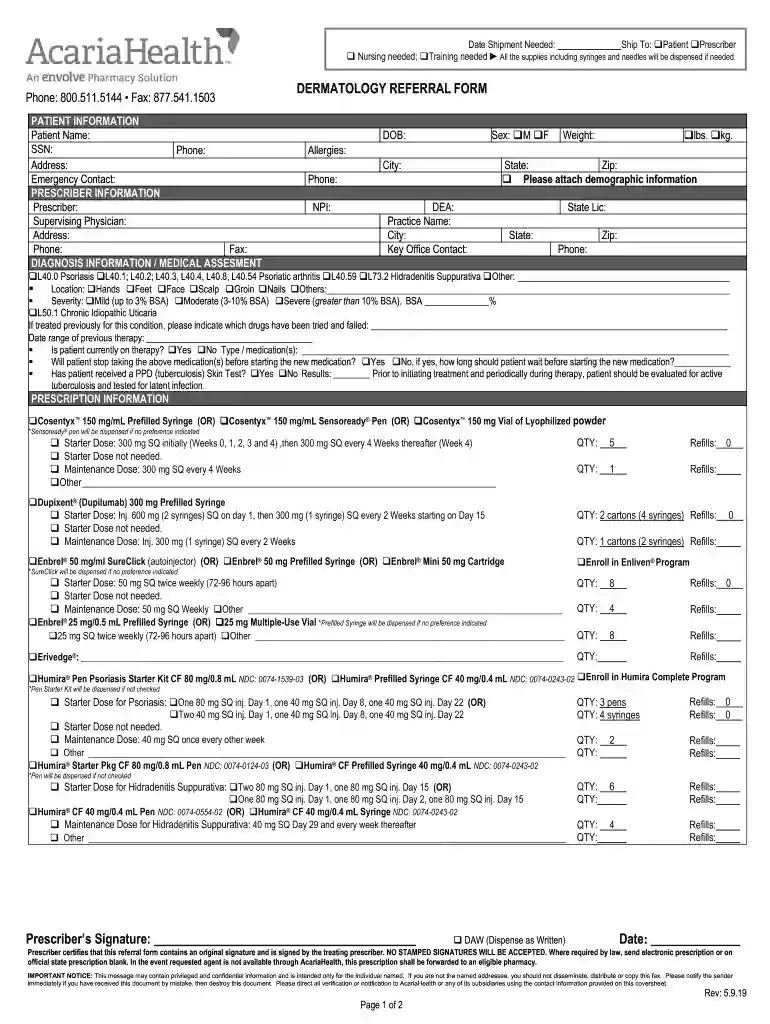 Acaria Heatlh - Dermatology Referral Form Dermatology Referral Form Preview on Page 1