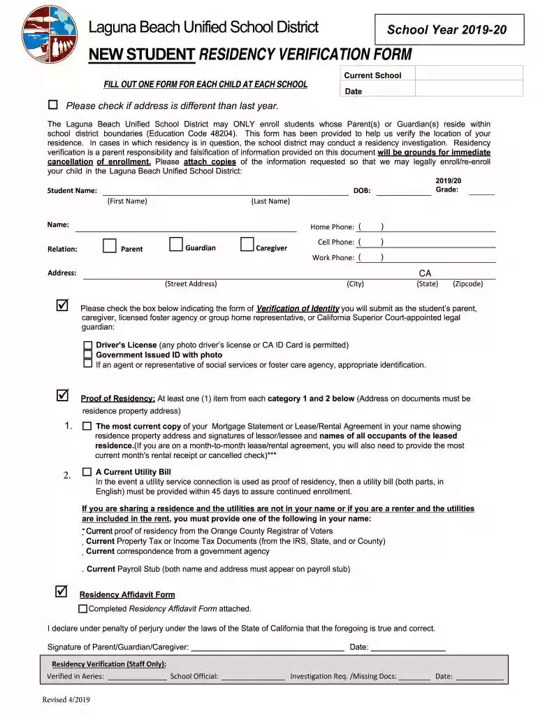 NEW STUDENT RESIDENCY VERIFICATION FORM Preview on Page 1