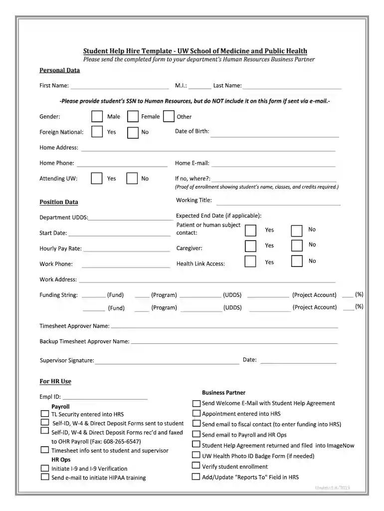 Student Help Hire Template - Department of Medicine Preview on Page 1