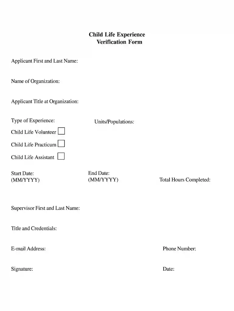 Child Life Internship Application Experience Verification Form Preview on Page 1