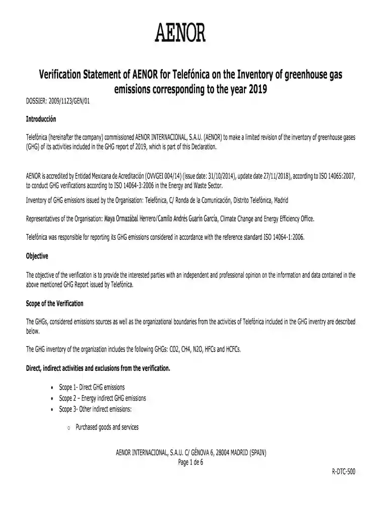 Verification Statement of AENOR for Telefnica on the Preview on Page 1