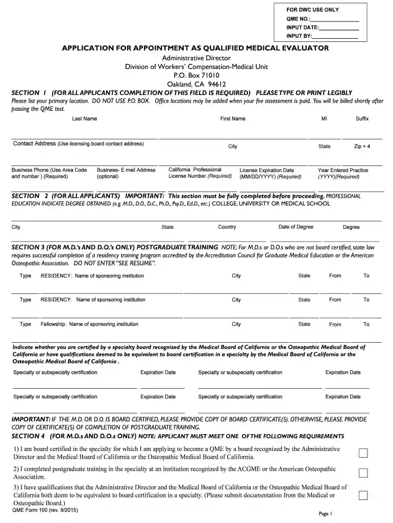 qme form 100 Preview on Page 1