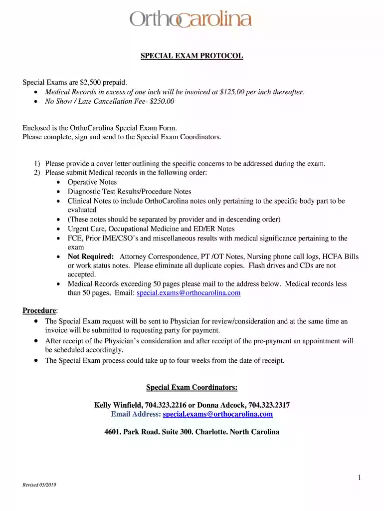 Special Exam Information Form - OrthoCarolina Preview on Page 1