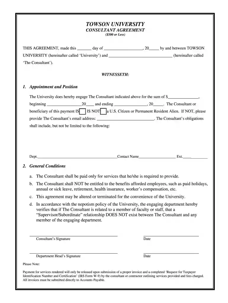 Towson University Entertainment Contract Preview on Page 1