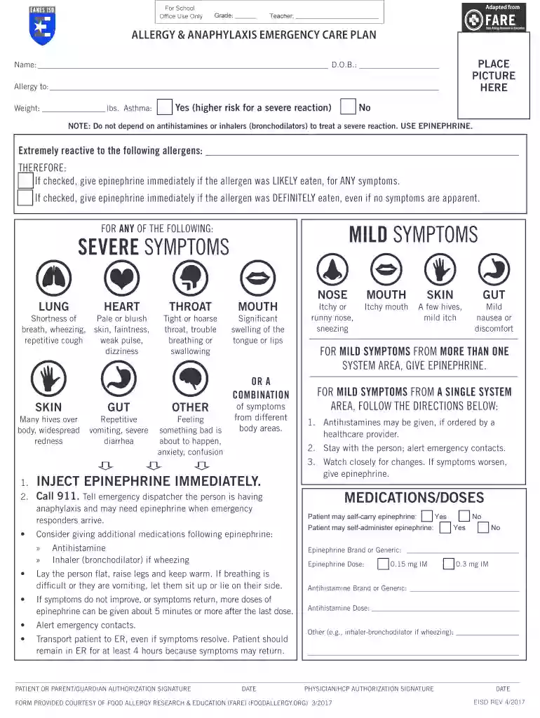 Allergy Anaphylaxis Emergency Care PlanManualzz Preview on Page 1
