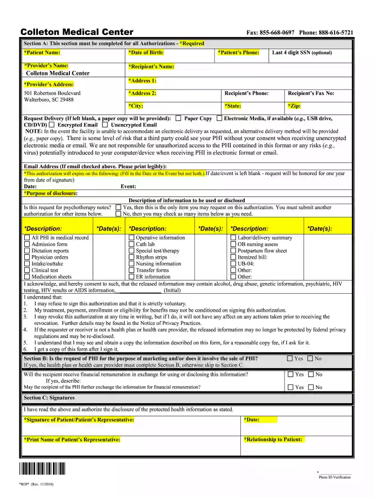 Authorization for Release of Information - Colleton Medical Preview on Page 1