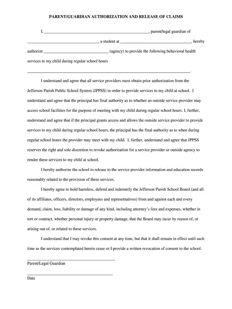 PARENT GUARDIAN AUTHORIZATION AND RELEASE OF CLAIMS Preview on Page 1