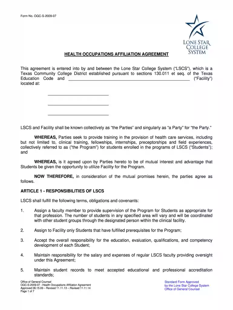 Education Affiliation Agreement - Lone Star College Preview on Page 1