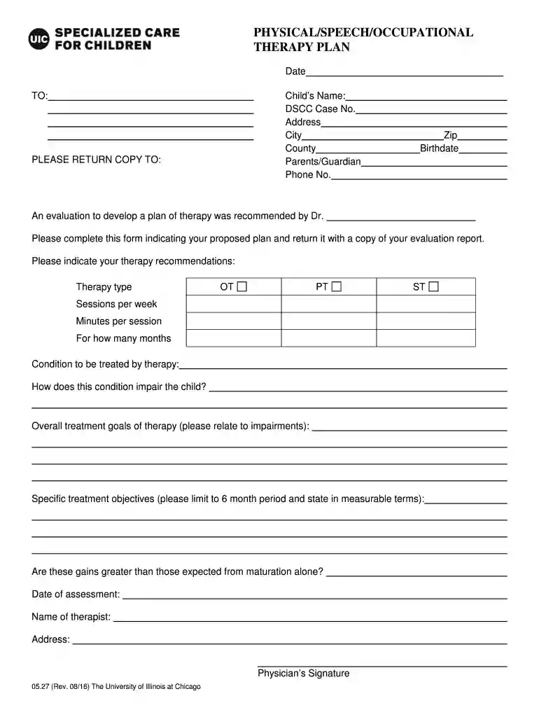 PHYSICAL SPEECH OCCUPATIONAL THERAPY PLAN Preview on Page 1