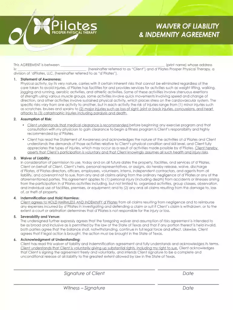 Fillable Online waiver of liability and indemnity agreement - D Preview on Page 1