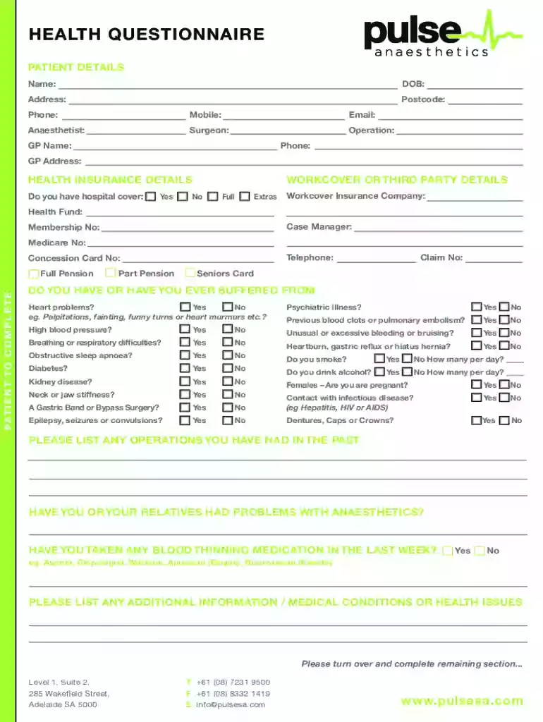 anaesthetics health questionnaire Preview on Page 1