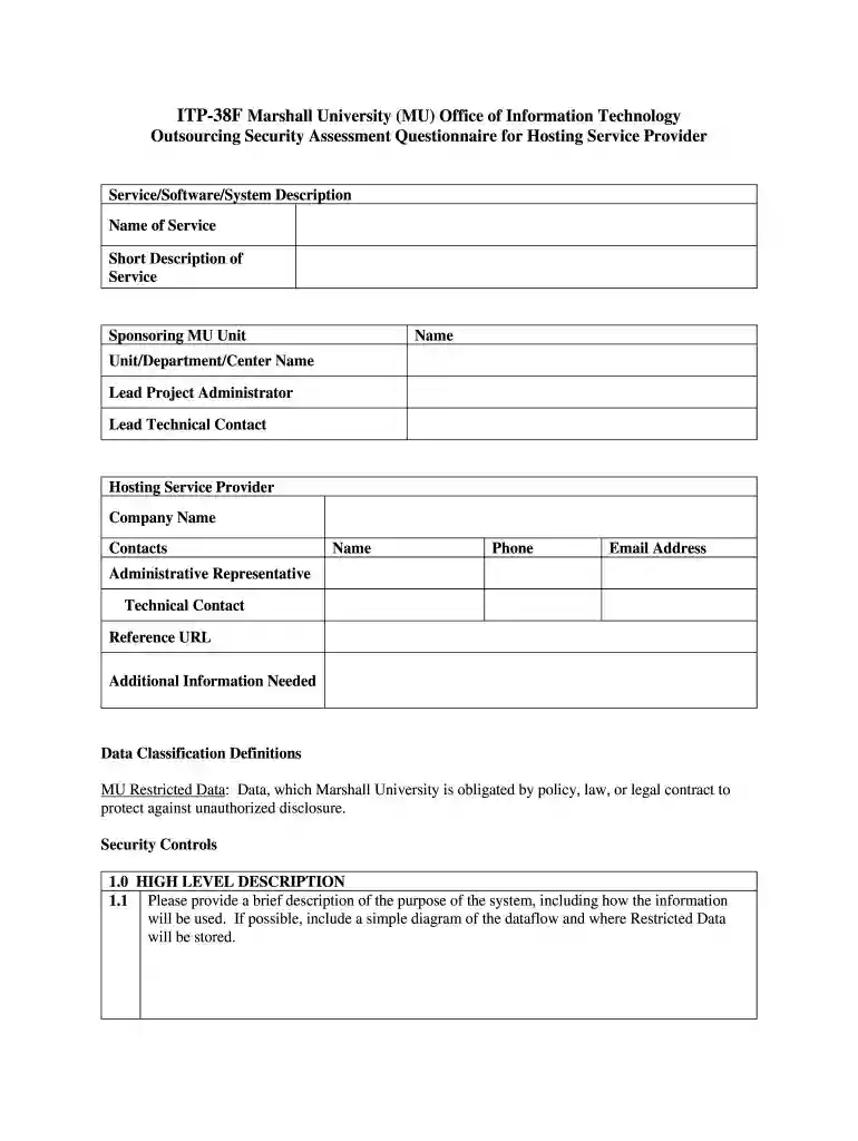 Fillable Outsourcing Security Assessment Questionnaire Preview on Page 1
