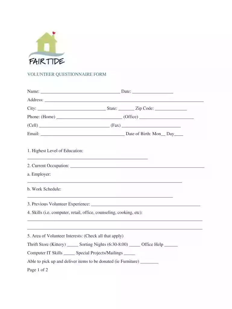 VOLUNTEER QUESTIONNAIRE FORM Personal Information Preview on Page 1