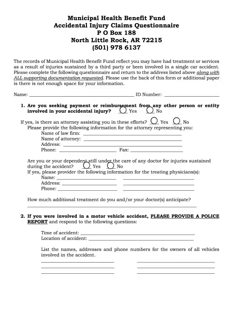 Accidental Injury Claims Questionnaire Preview on Page 1