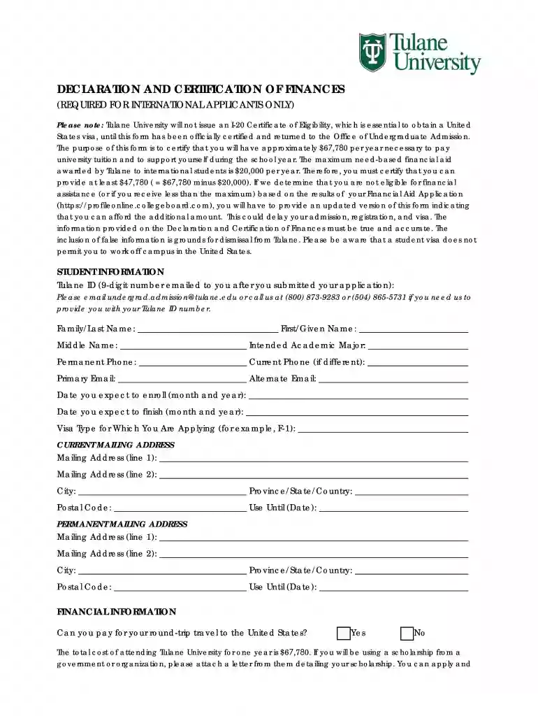 declaration and certification of finances - Tulane University Preview on Page 1