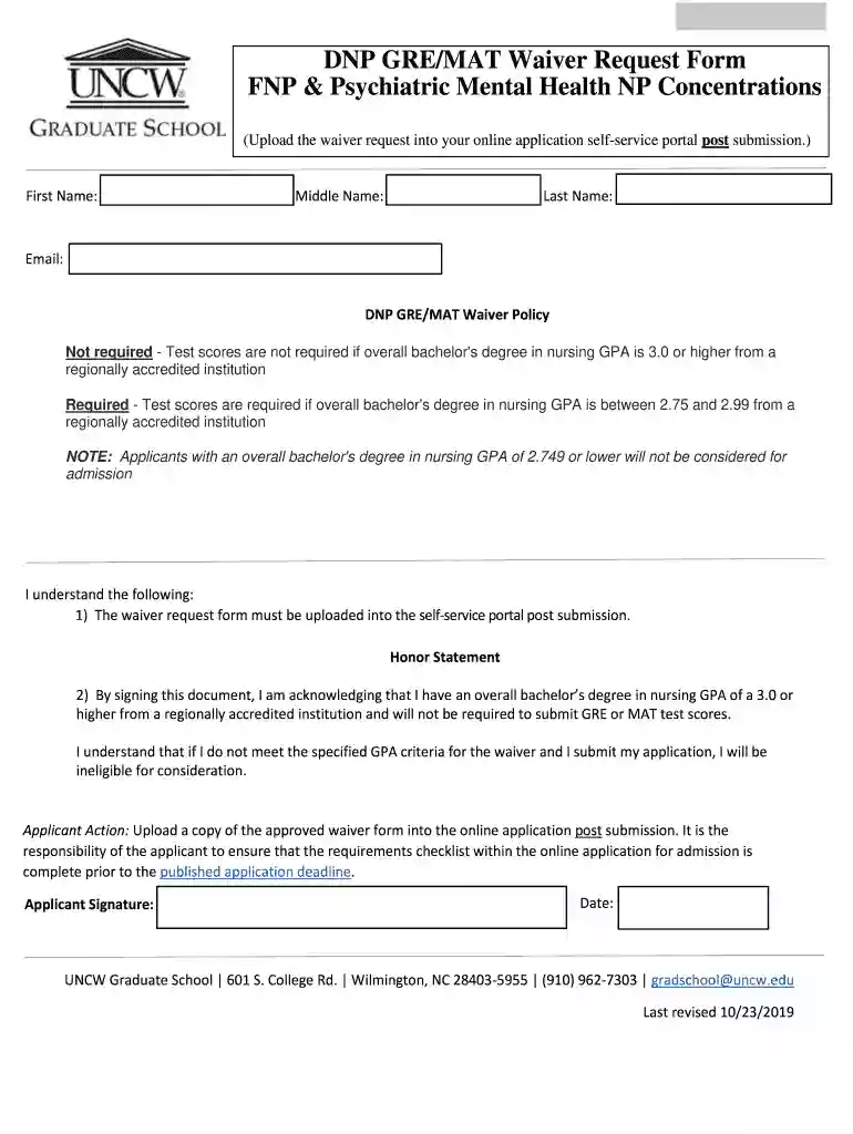 DNP GRE MAT Waiver Request Form Preview on Page 1