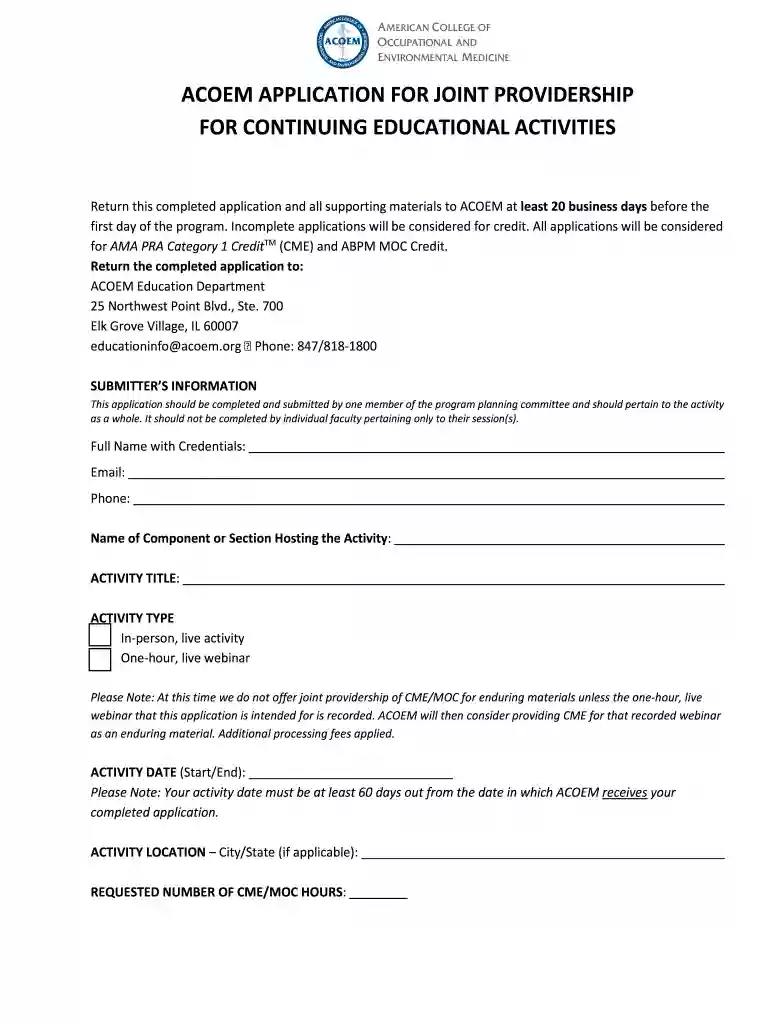 acoem application for joint providership for continuing Preview on Page 1