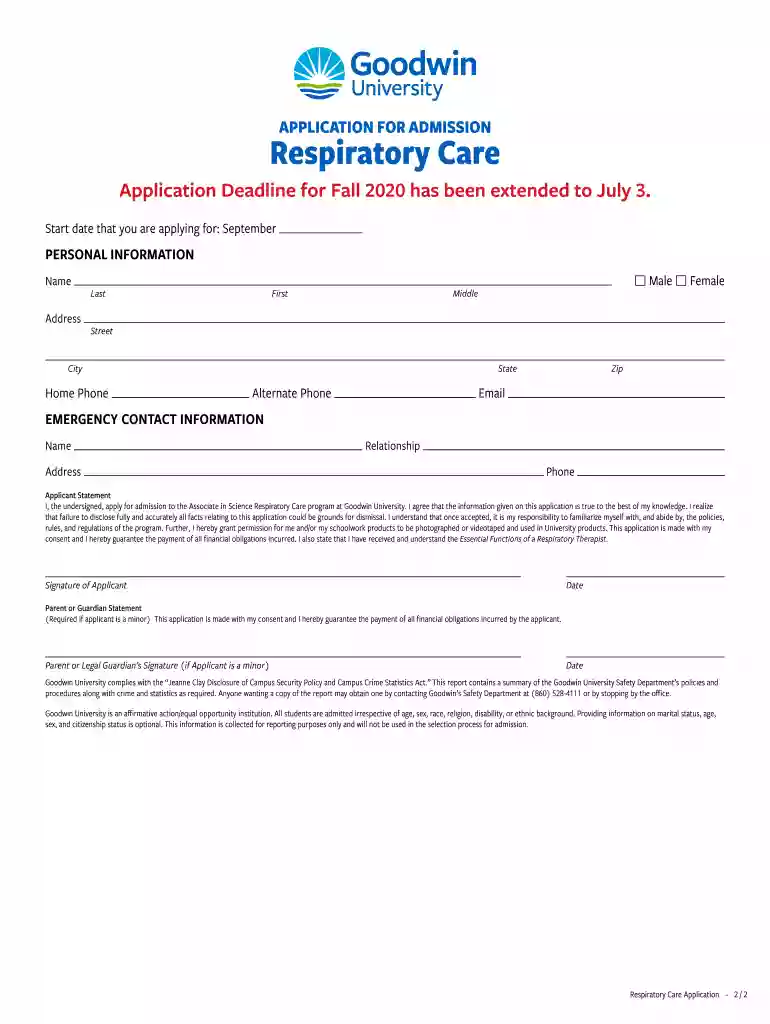 Respiratory Care ApplicationGoodwin University Preview on Page 1