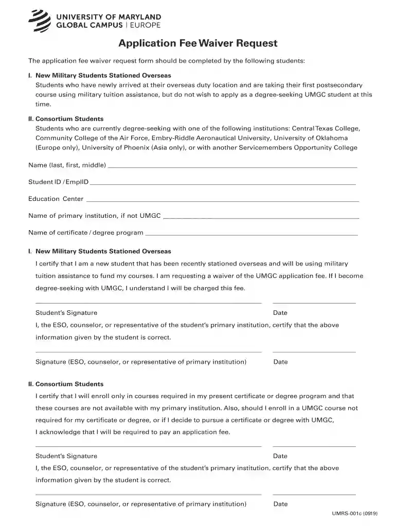 umgc application fee waiver Preview on Page 1