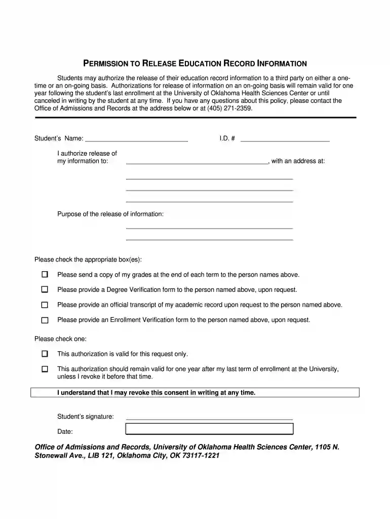 Authorization Forms - University of Oklahoma Preview on Page 1