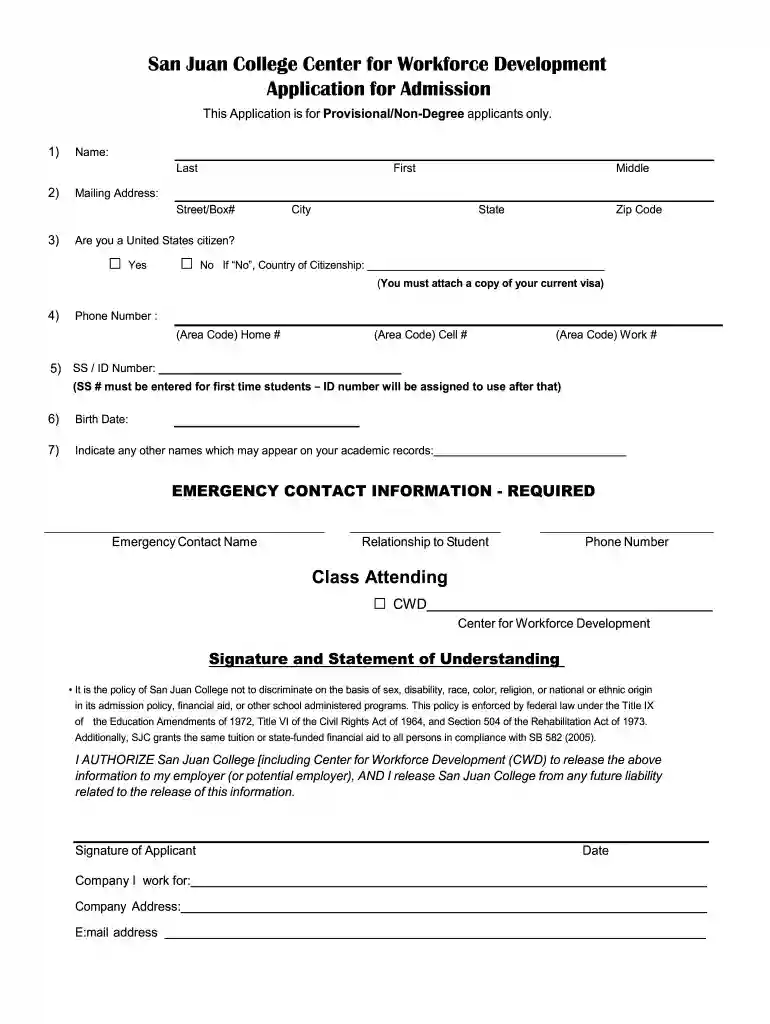 San Juan College Application for Admission Preview on Page 1