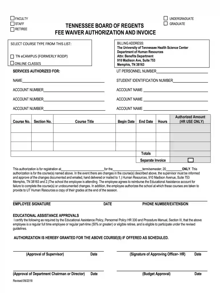 TENNESSEE BOARD OF REGENTS FEE WAIVER AUTHORIZATION AND Preview on Page 1