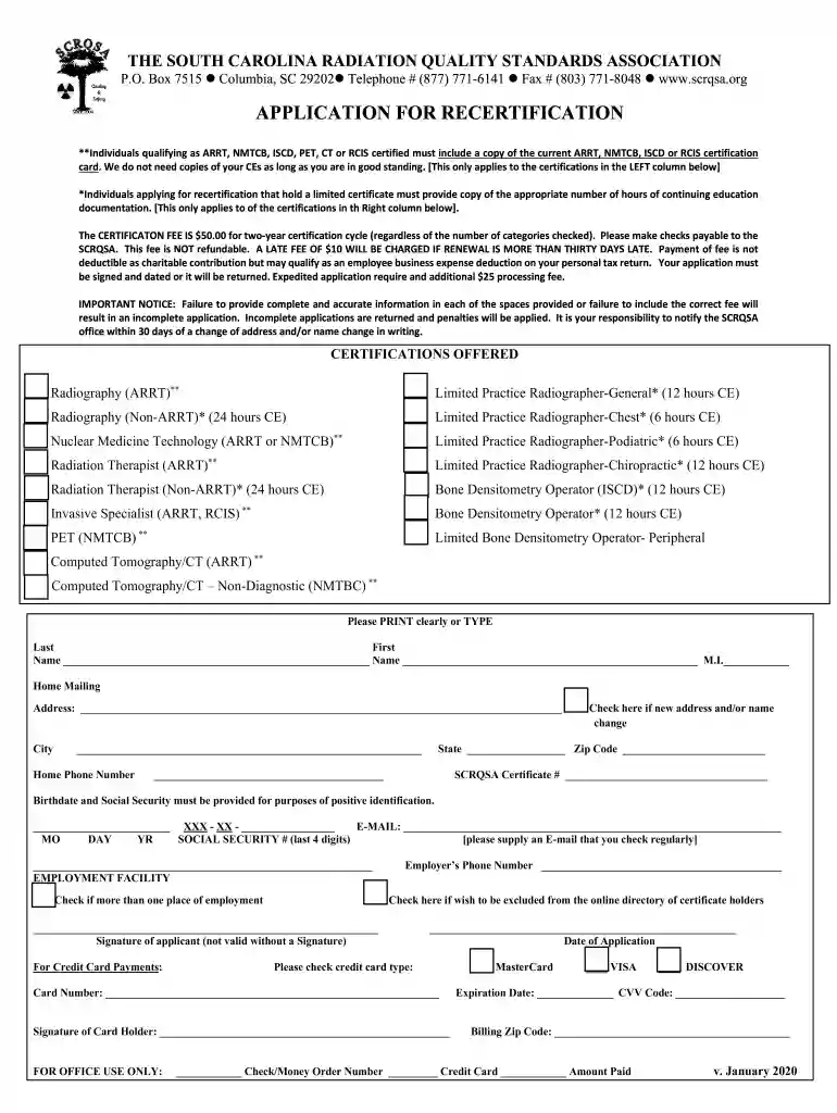 2020 sc radiation association scrqsa application recertification online Preview on Page 1
