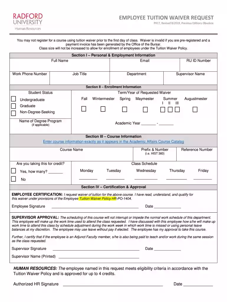 EMPLOYEE TUITION WAIVER REQUEST - Radford University Preview on Page 1