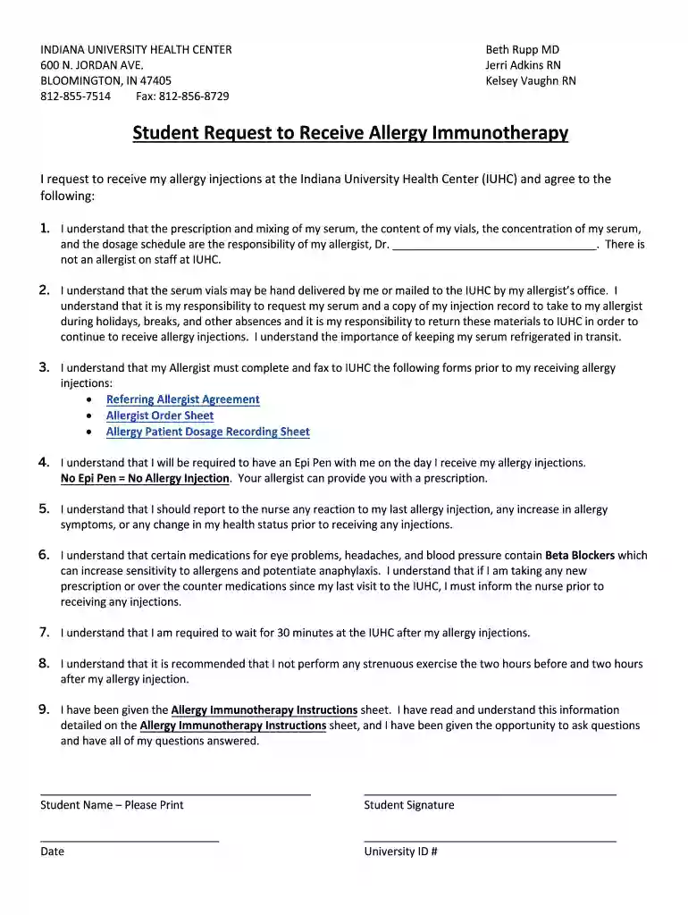 Student Request to Receive Allergy Immunotherapy Student Request to Receive Allergy Immunotherapy Preview on Page 1