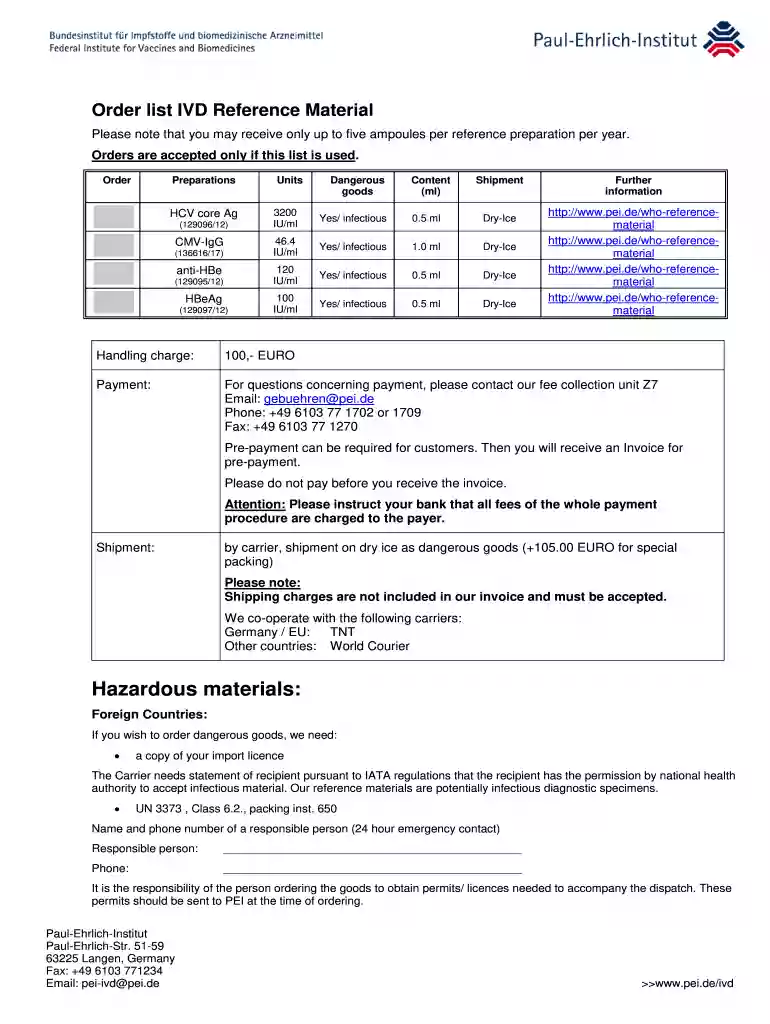 Order list IVD Reference Material - Paul Ehrlich Institute Preview on Page 1