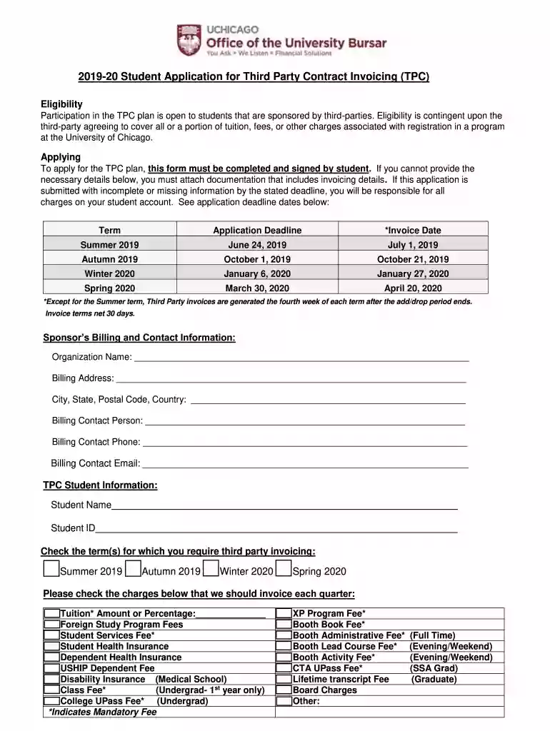 2019-20 Student Application for Third Party Contract Invoicing (TPC) Preview on Page 1