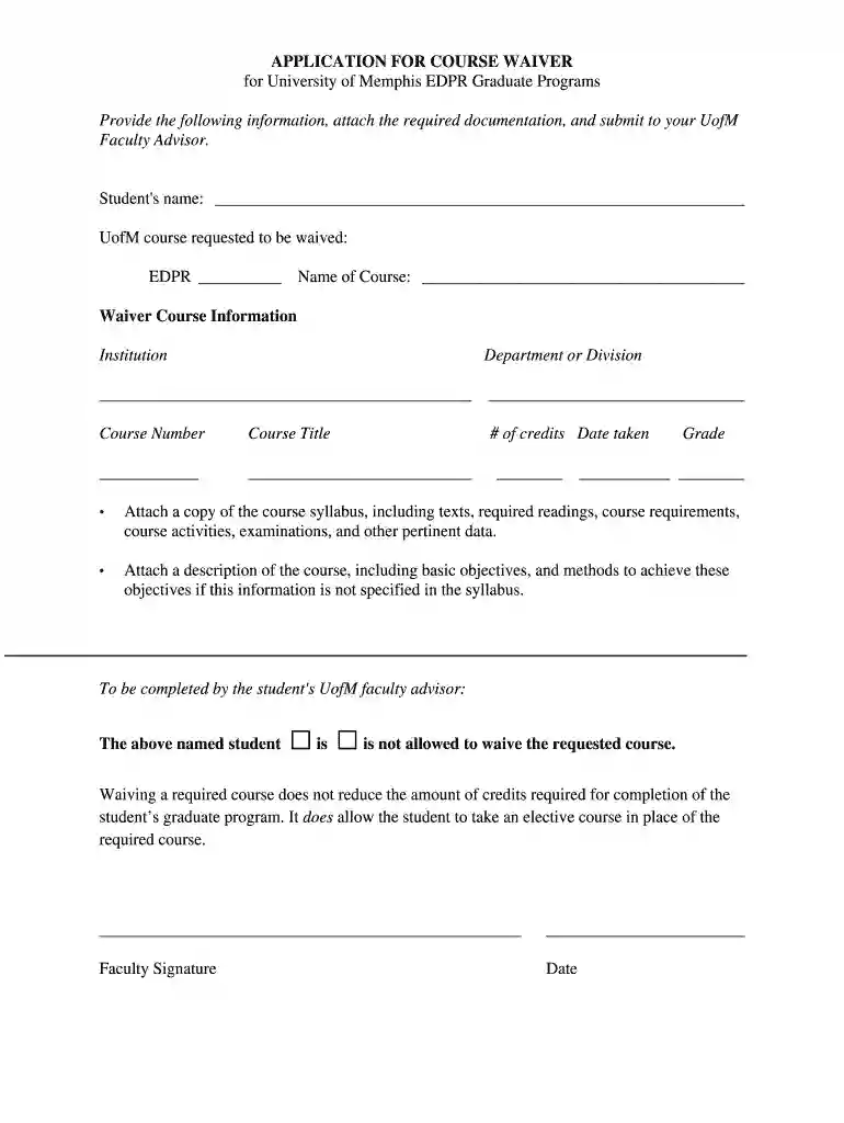 APPLICATION FOR COURSE WAIVER Preview on Page 1