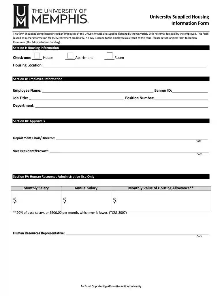 University Supplied Housing Information Form Preview on Page 1