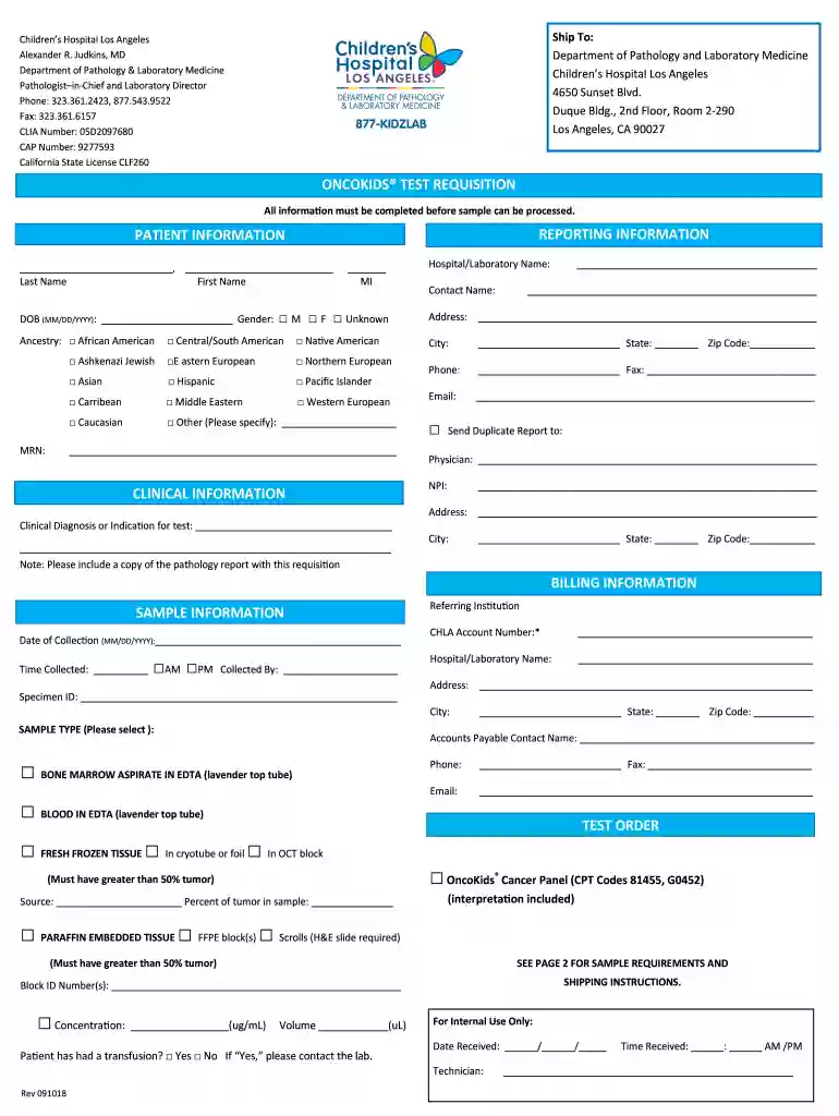 oncokids test requisition patient information sample Preview on Page 1