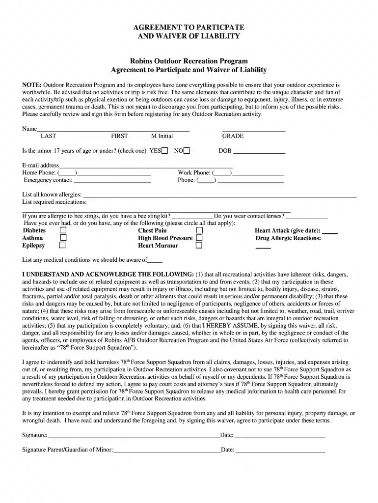 AGREEMENT TO PARTICPATE AND WAIVER OF LIABILITY Robins Preview on Page 1