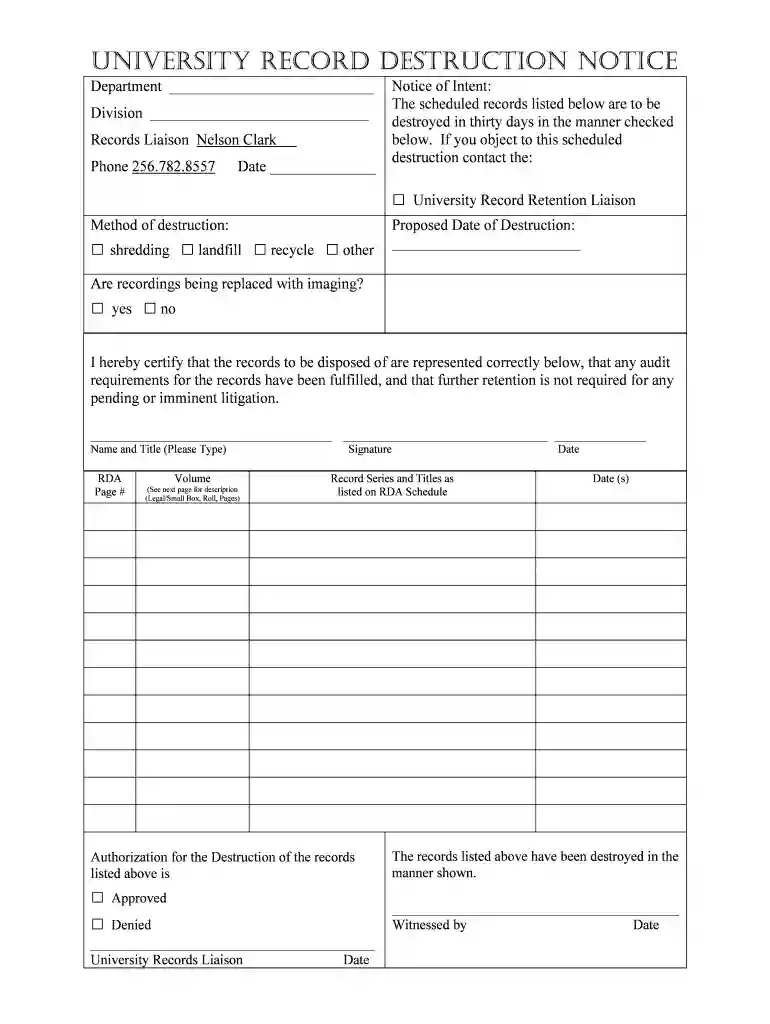 Records Retention and Destruction Form Preview on Page 1