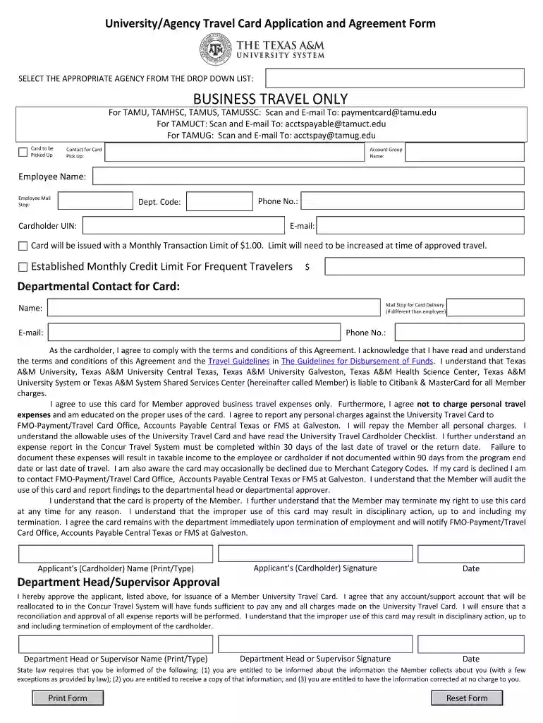 University Agency Travel Card Application and Agreement Form Preview on Page 1