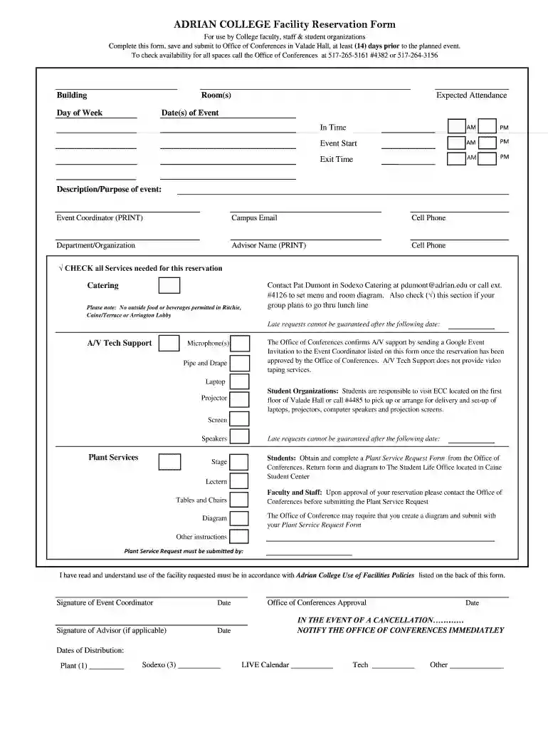 ADRIAN COLLEGE Facility Reservation Form Preview on Page 1