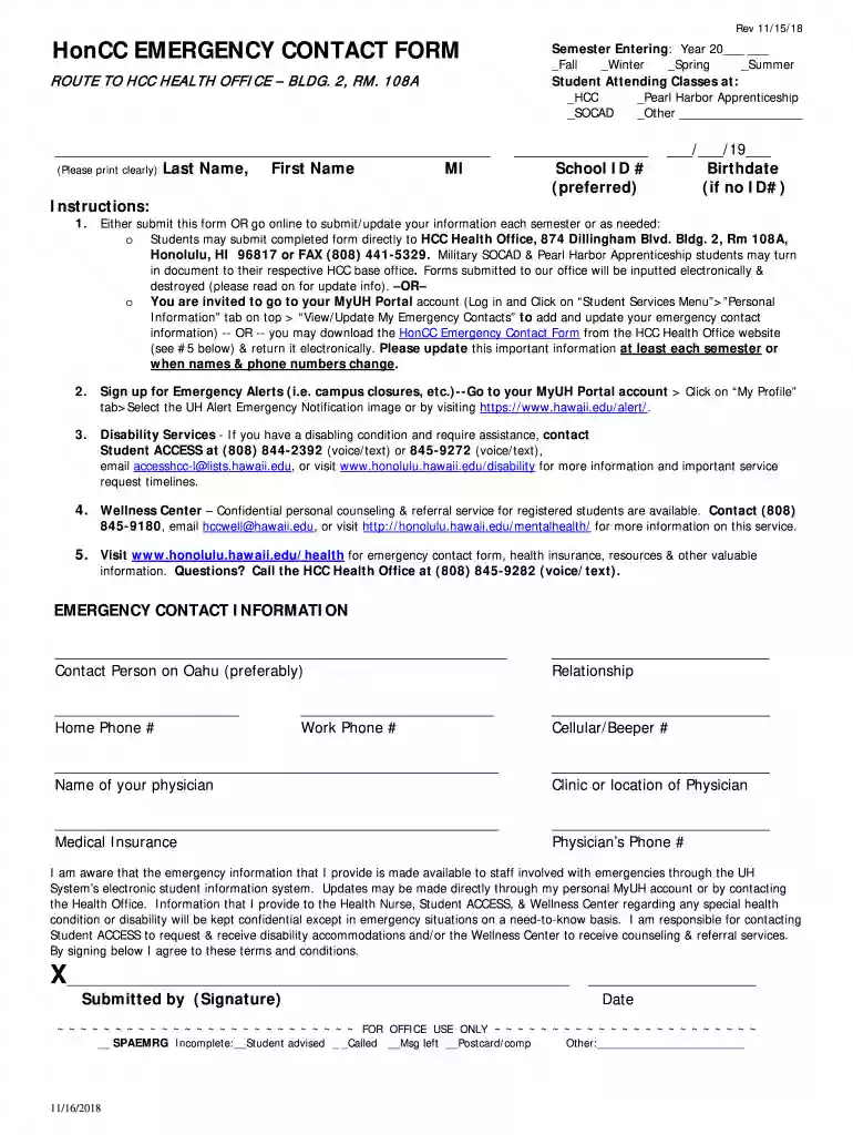 HonCC EMERGENCY CONTACT FORM Preview on Page 1