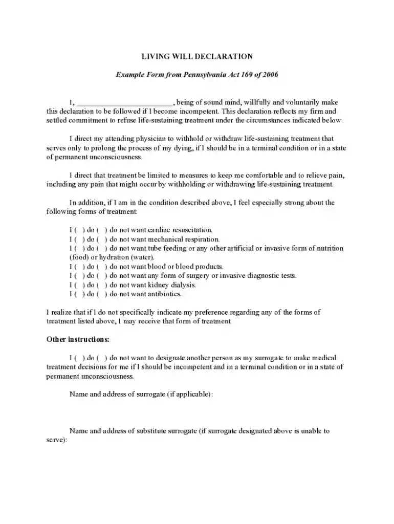 Pennsylvania Living Will Declaration Preview on Page 1