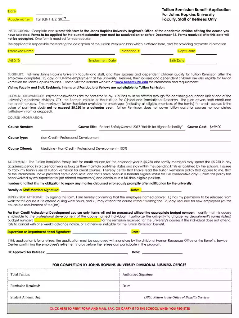 hopkins tuition remission form Preview on Page 1
