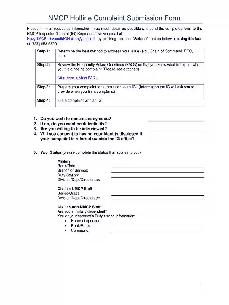 complaint submission form Preview on Page 1