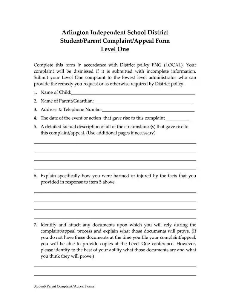 FNG Complaint Form - Northwest ISD Preview on Page 1